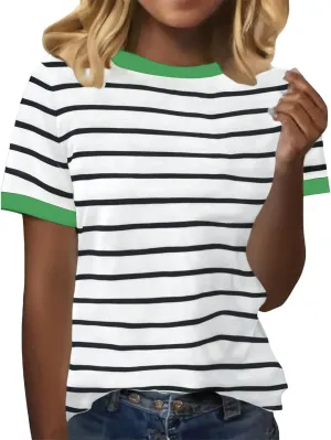 Womens Short Sleeve Summer T Shirt Crew Neck Basic Color Block Tee Tops 2025 Causal Loose Fit Shirts