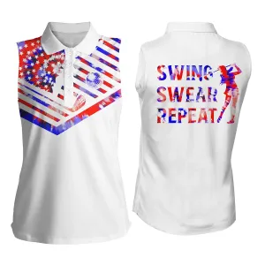 Women's sleeveless golf polo shirt, red blue tie dye American flag swing swear repeat patriotic shirt