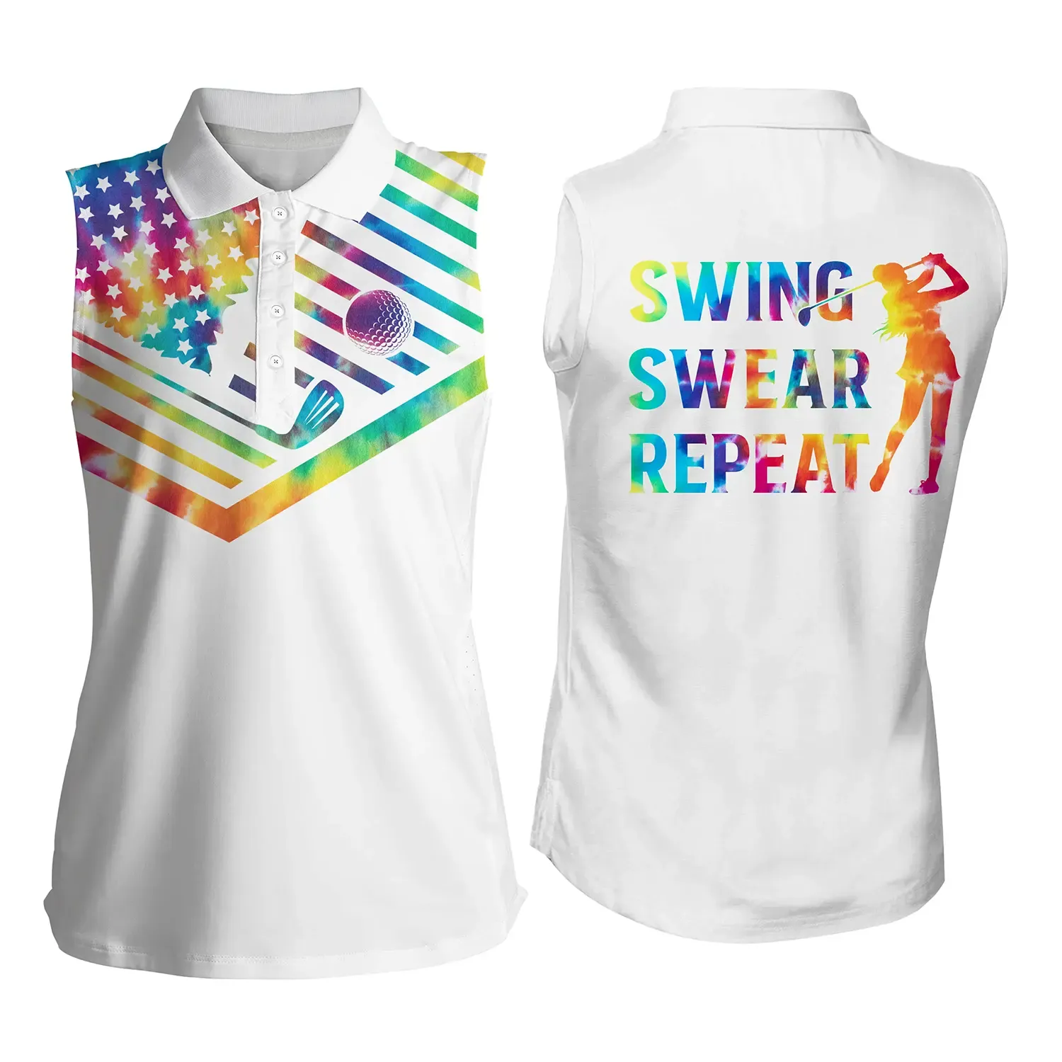 Women's sleeveless golf polo shirt, red blue tie dye American flag swing swear repeat patriotic shirt