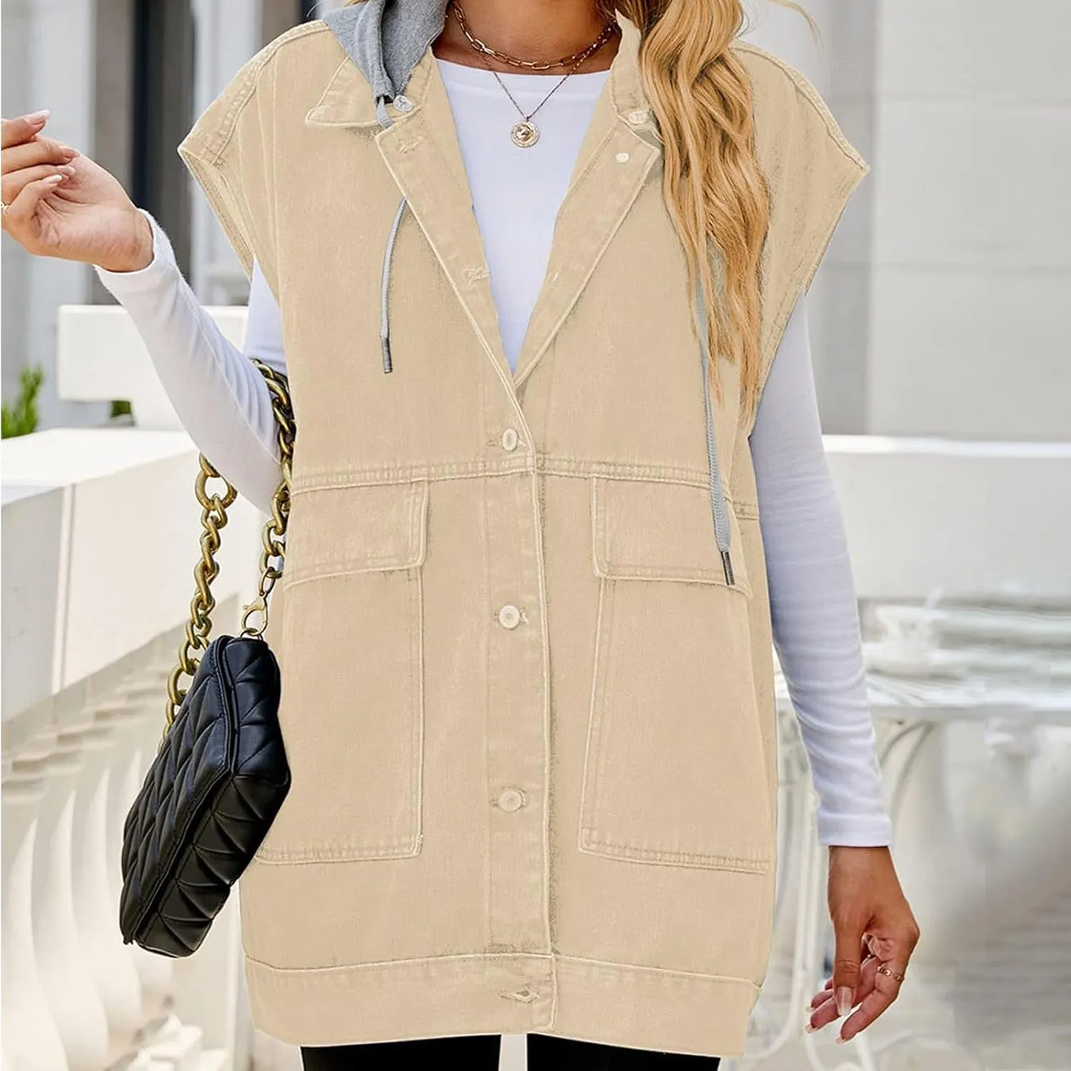 Women’s Sleeveless Hooded Denim Jacket Hoodie Casual Oversized Button Mid-Long Casual Denim Vest With Detachable Hood