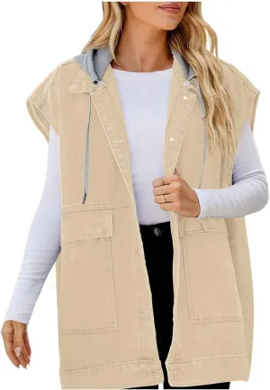 Women’s Sleeveless Hooded Denim Jacket Hoodie Casual Oversized Button Mid-Long Casual Denim Vest With Detachable Hood