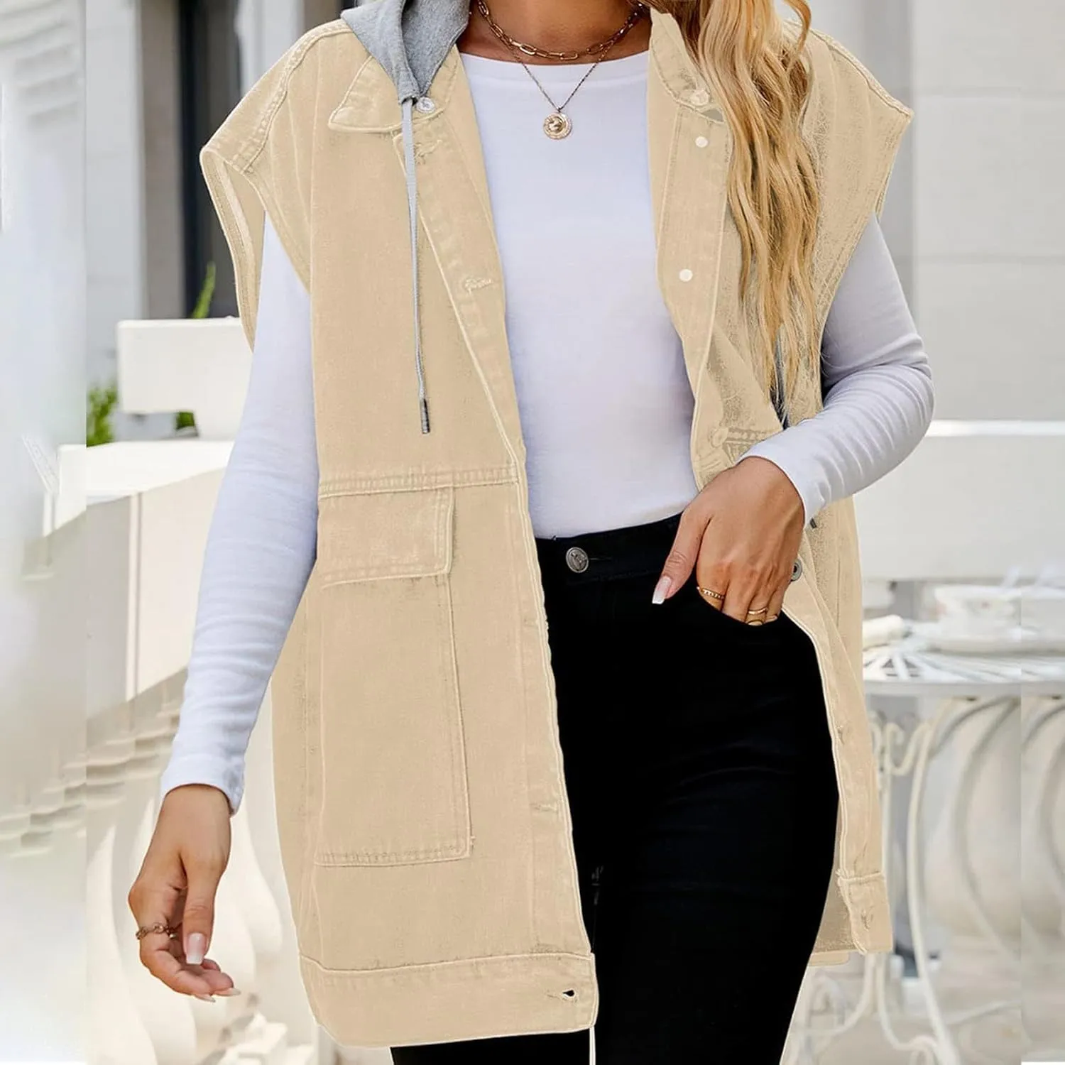 Women’s Sleeveless Hooded Denim Jacket Hoodie Casual Oversized Button Mid-Long Casual Denim Vest With Detachable Hood
