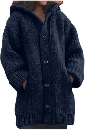 Women's Solid Color Hoodie Jacket Button Knit Loose Long Sleeve Long Sweater Tops Winter Plus Size Coat With Pockets