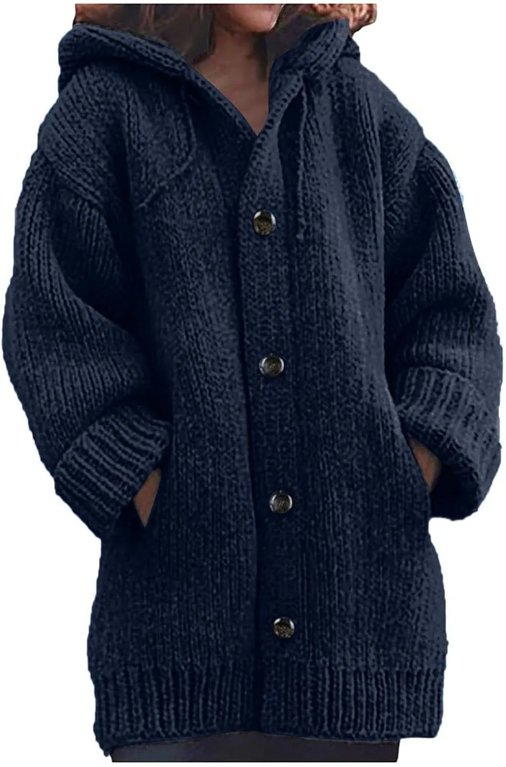 Women's Solid Color Hoodie Jacket Button Knit Loose Long Sleeve Long Sweater Tops Winter Plus Size Coat With Pockets