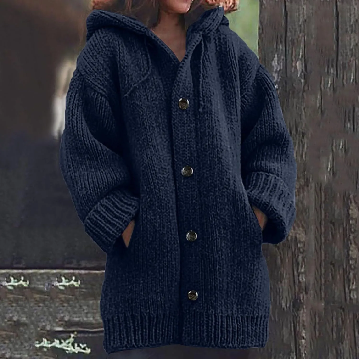 Women's Solid Color Hoodie Jacket Button Knit Loose Long Sleeve Long Sweater Tops Winter Plus Size Coat With Pockets