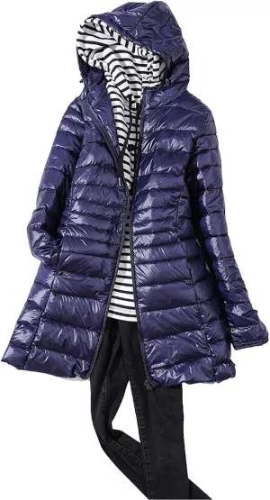 Womens Solid Long Puffer Jacket Fashion Slim Hooded Down Coat Lightweight Packable Long Sleeve Overcoat Daily Outwear