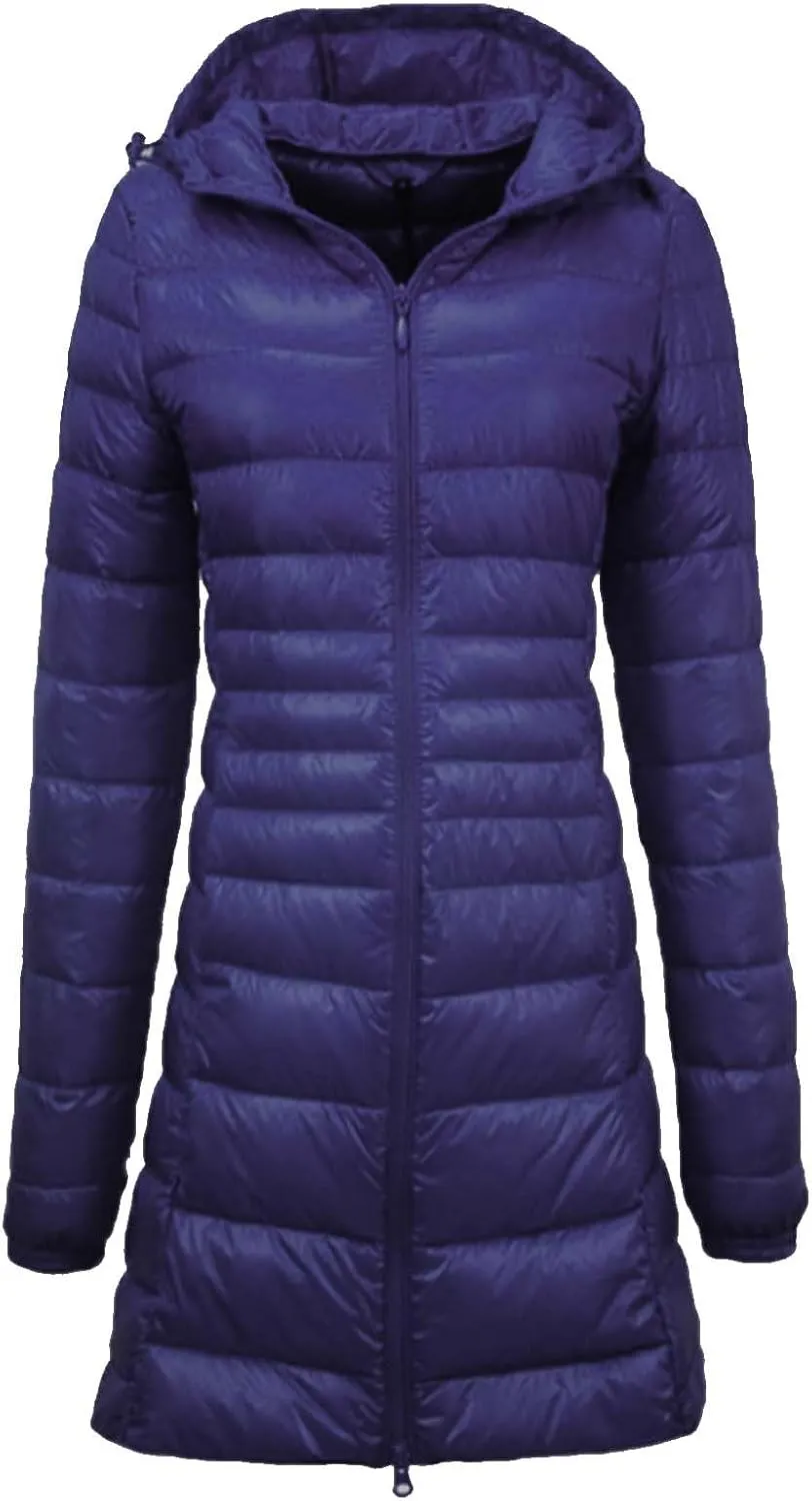 Womens Solid Long Puffer Jacket Fashion Slim Hooded Down Coat Lightweight Packable Long Sleeve Overcoat Daily Outwear