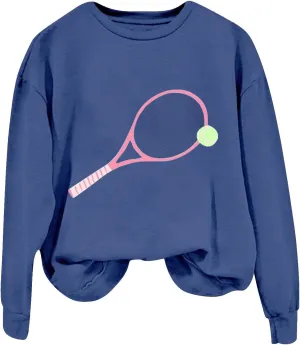 Womens Soprts Tops Tennis Printed Loose Crewneck Long Sleeve Lightweight Pullover Sweatshirt Fall Casual Active Hoodie