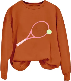 Womens Soprts Tops Tennis Printed Loose Crewneck Long Sleeve Lightweight Pullover Sweatshirt Fall Casual Active Hoodie