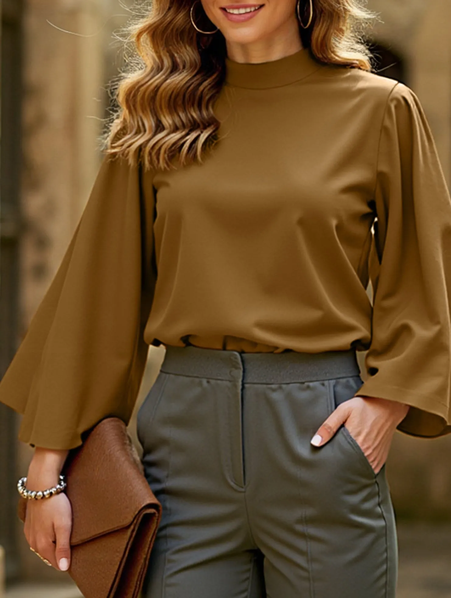 Eco Conscious Dye Process Adjustable Cuffs Women's stand collar casual shirt