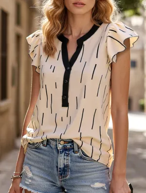 Women's Striped Flying Sleeve Top with Ruffle Trim Button Down Collar Non Restrictive Cut