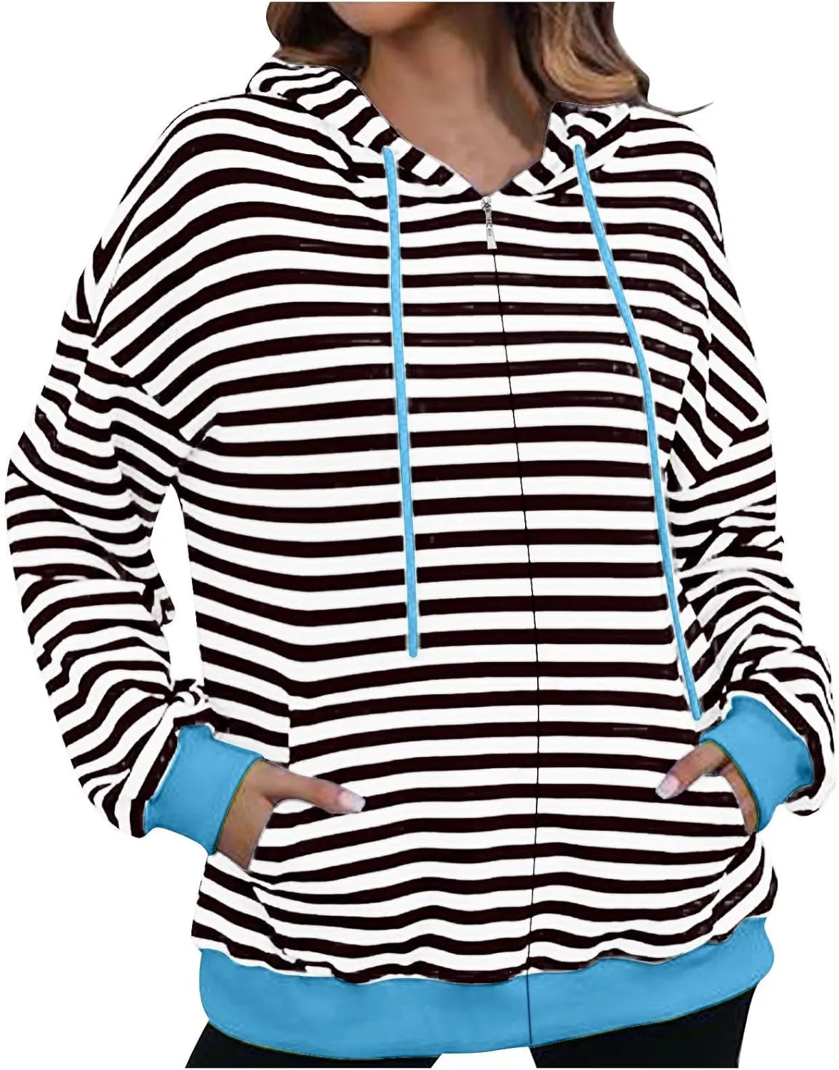 Womens Striped Hoodies Casual Long Sleeve Full Zip Up Hooded Sweatshirt Color Block Fall Fashion Lightweight Jackets