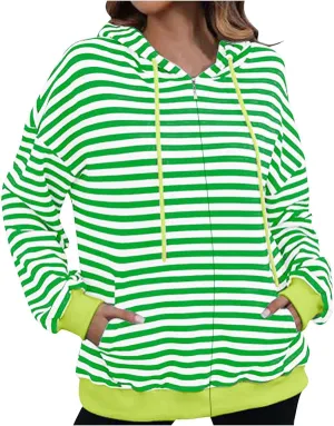 Womens Striped Hoodies Casual Long Sleeve Full Zip Up Hooded Sweatshirt Color Block Fall Fashion Lightweight Jackets
