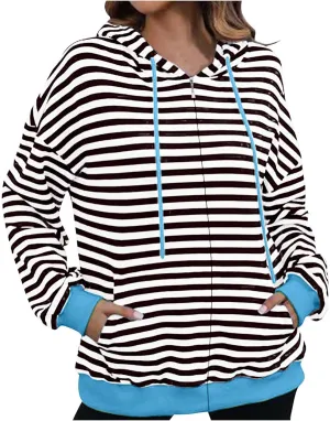 Womens Striped Hoodies Casual Long Sleeve Full Zip Up Hooded Sweatshirt Color Block Fall Fashion Lightweight Jackets