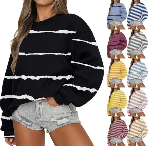 Womens Striped Sweatshirts Oversized Long Sleeve Sweatshirt Causal Loose Crewneck Pullover Tops Trendy Shirts