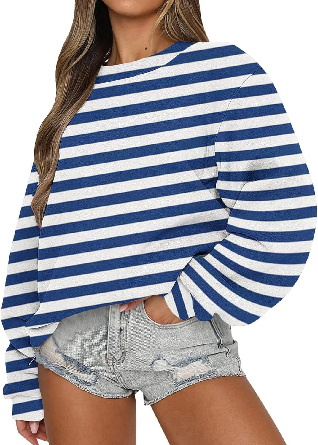 Womens Striped Sweatshirts Oversized Long Sleeve Sweatshirt Causal Loose Crewneck Pullover Tops Trendy Shirts