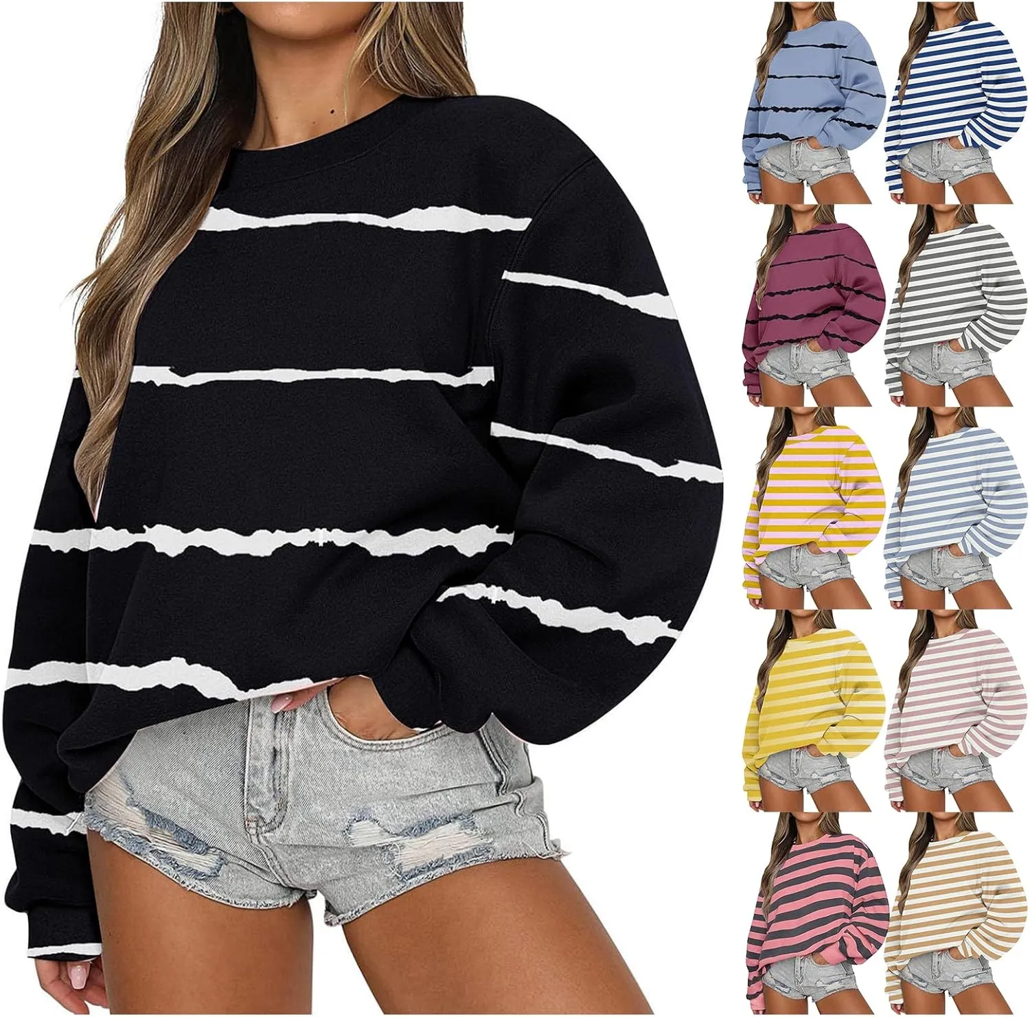 Womens Striped Sweatshirts Oversized Long Sleeve Sweatshirt Causal Loose Crewneck Pullover Tops Trendy Shirts