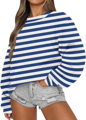 Womens Striped Sweatshirts Oversized Long Sleeve Sweatshirt Causal Loose Crewneck Pullover Tops Trendy Shirts