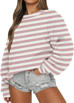 Womens Striped Sweatshirts Oversized Long Sleeve Sweatshirt Causal Loose Crewneck Pullover Tops Trendy Shirts
