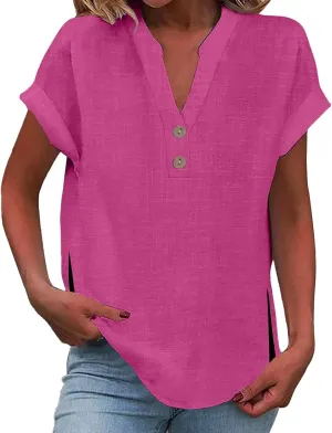 Women's Summer Cotton Linen Shirts V Neck Solid Short Sleeve Button Decor Tops Summer Oversize Casual Office Blouse