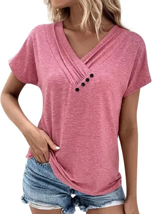 Womens Summer Tops 2024 Loose Pleated Button V-Neck Short Sleeve T Shirts Solid Color Trendy Tees Casual Tunics Clothing
