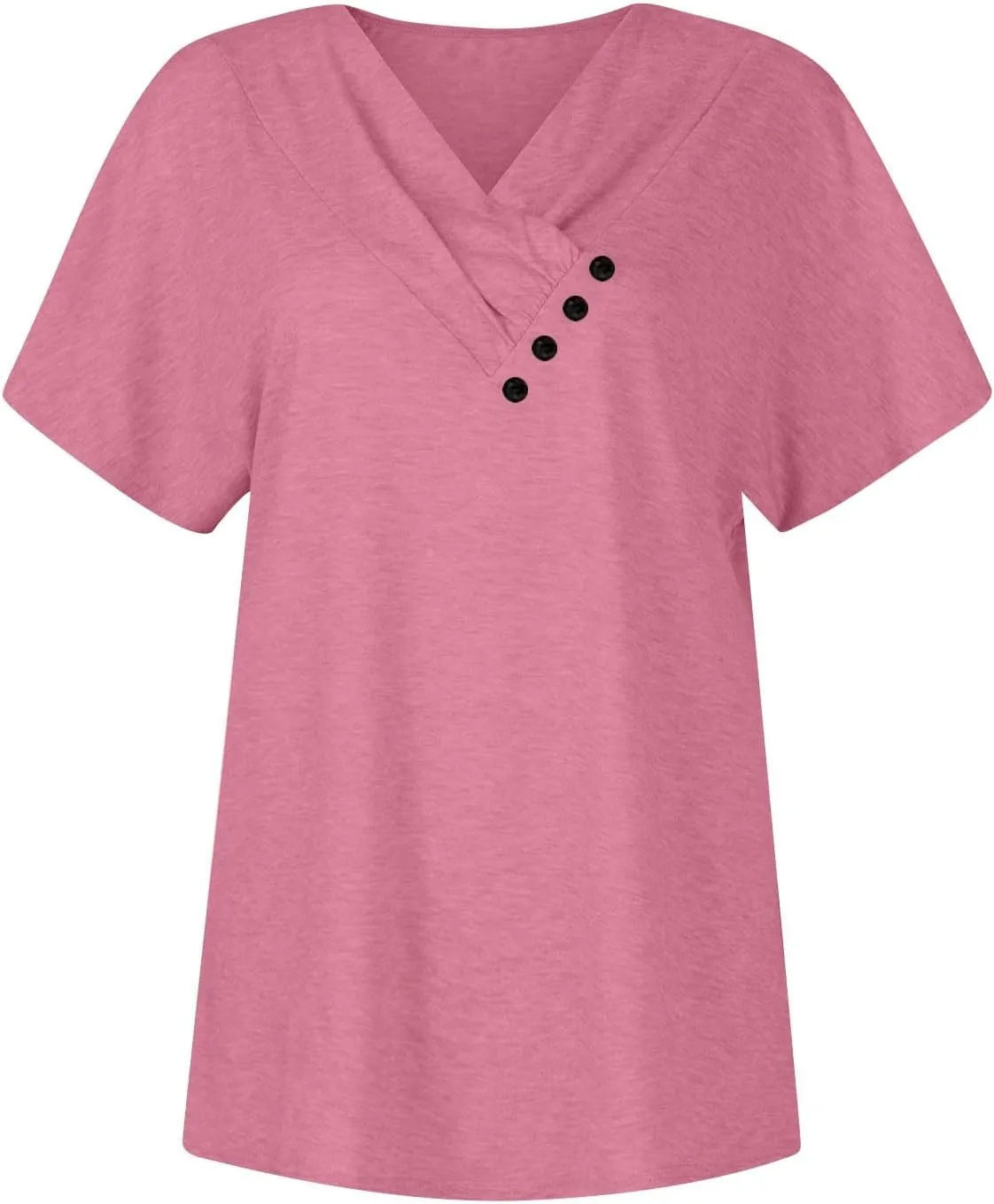 Womens Summer Tops 2024 Loose Pleated Button V-Neck Short Sleeve T Shirts Solid Color Trendy Tees Casual Tunics Clothing