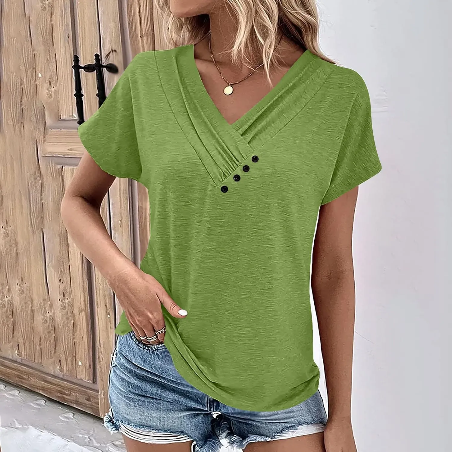 Womens Summer Tops 2024 Loose Pleated Button V-Neck Short Sleeve T Shirts Solid Color Trendy Tees Casual Tunics Clothing