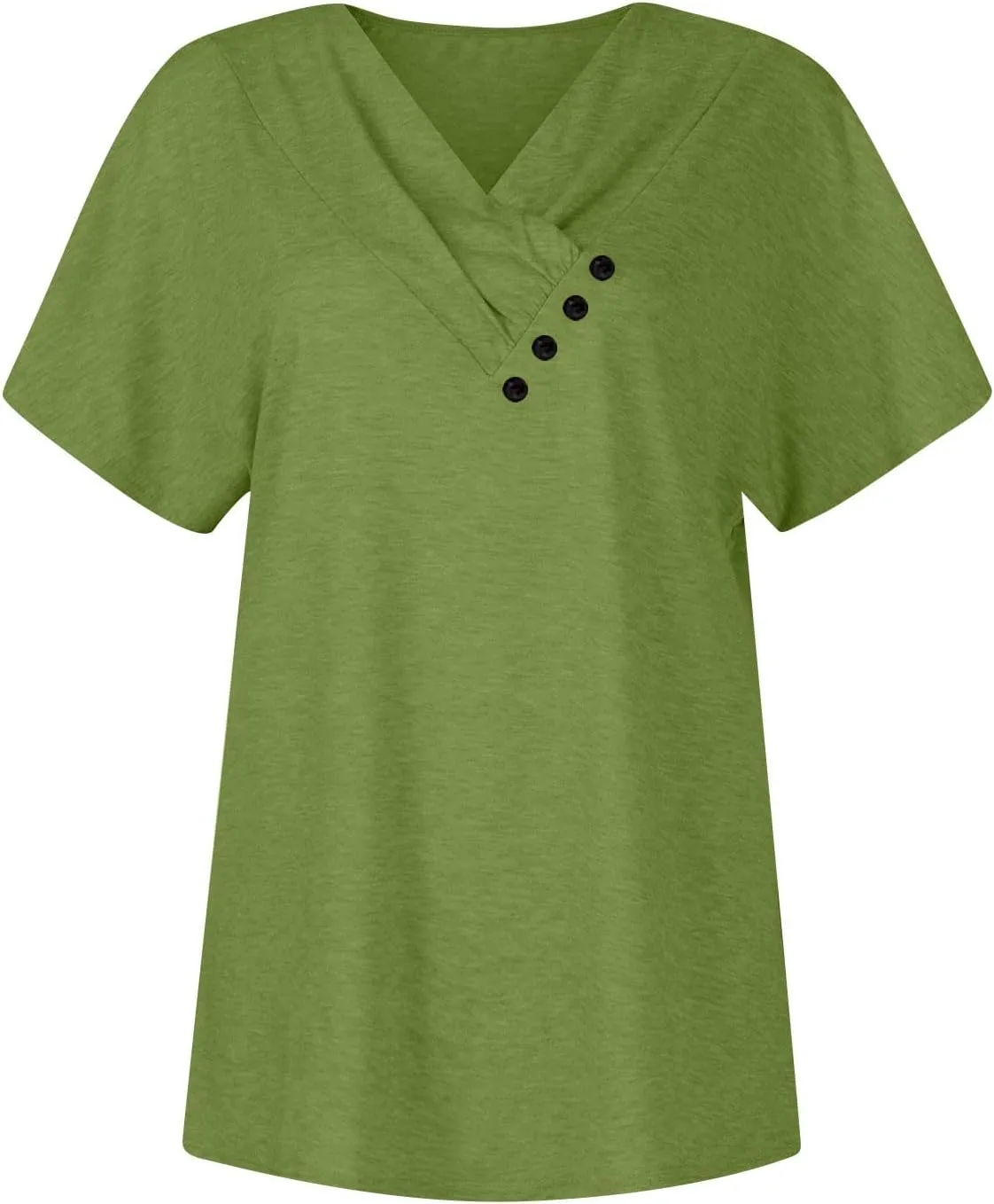 Womens Summer Tops 2024 Loose Pleated Button V-Neck Short Sleeve T Shirts Solid Color Trendy Tees Casual Tunics Clothing