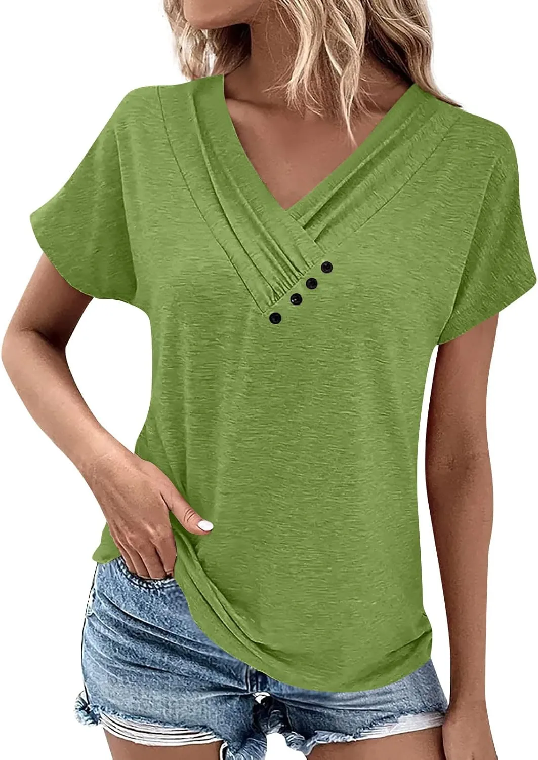 Womens Summer Tops 2024 Loose Pleated Button V-Neck Short Sleeve T Shirts Solid Color Trendy Tees Casual Tunics Clothing