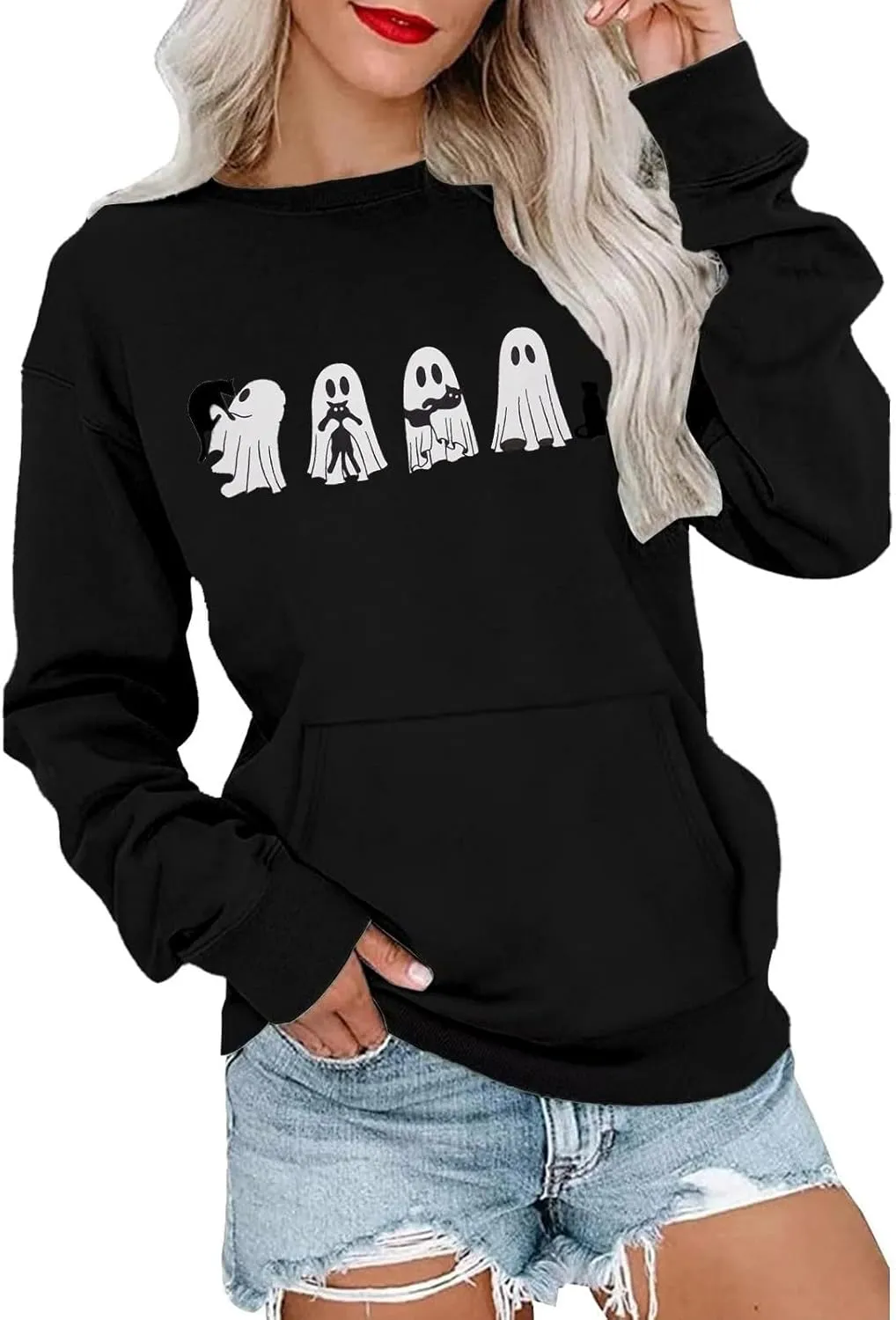 Womens Sweatshirts Halloween Cute Printed Hoodless Round Neck Loose Fit Pullover Hoodies Fall Casual Long Sleeve Tops