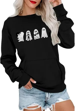 Womens Sweatshirts Halloween Cute Printed Hoodless Round Neck Loose Fit Pullover Hoodies Fall Casual Long Sleeve Tops