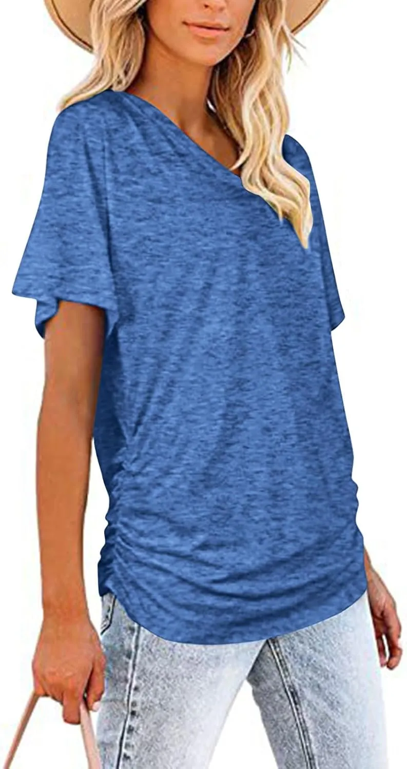 Womens Tops Basic V Neck T Shirts Short Sleeve Dressy Tunic Tops with Side Shirring Ruched Loose Fit Blouse Shirts