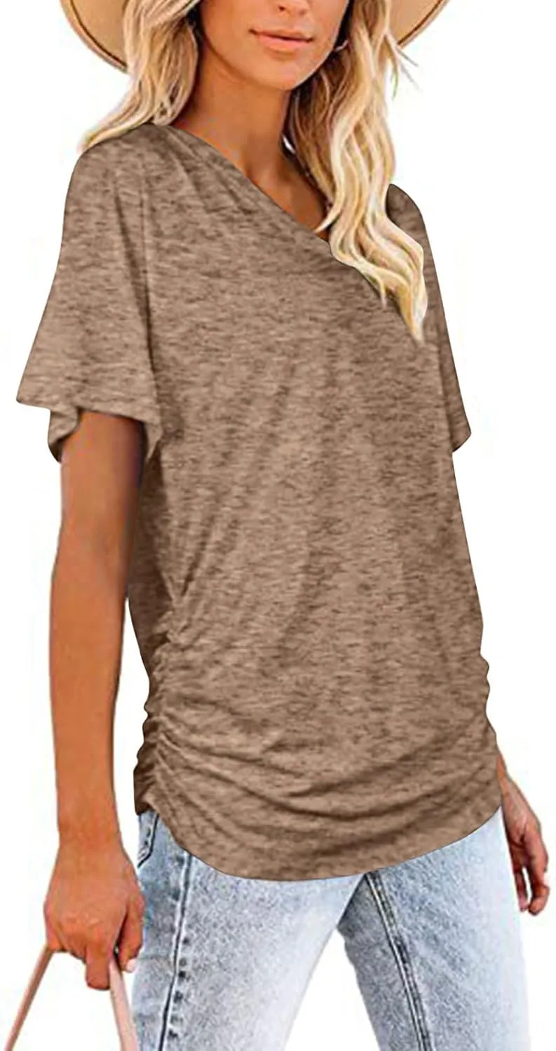 Womens Tops Basic V Neck T Shirts Short Sleeve Dressy Tunic Tops with Side Shirring Ruched Loose Fit Blouse Shirts