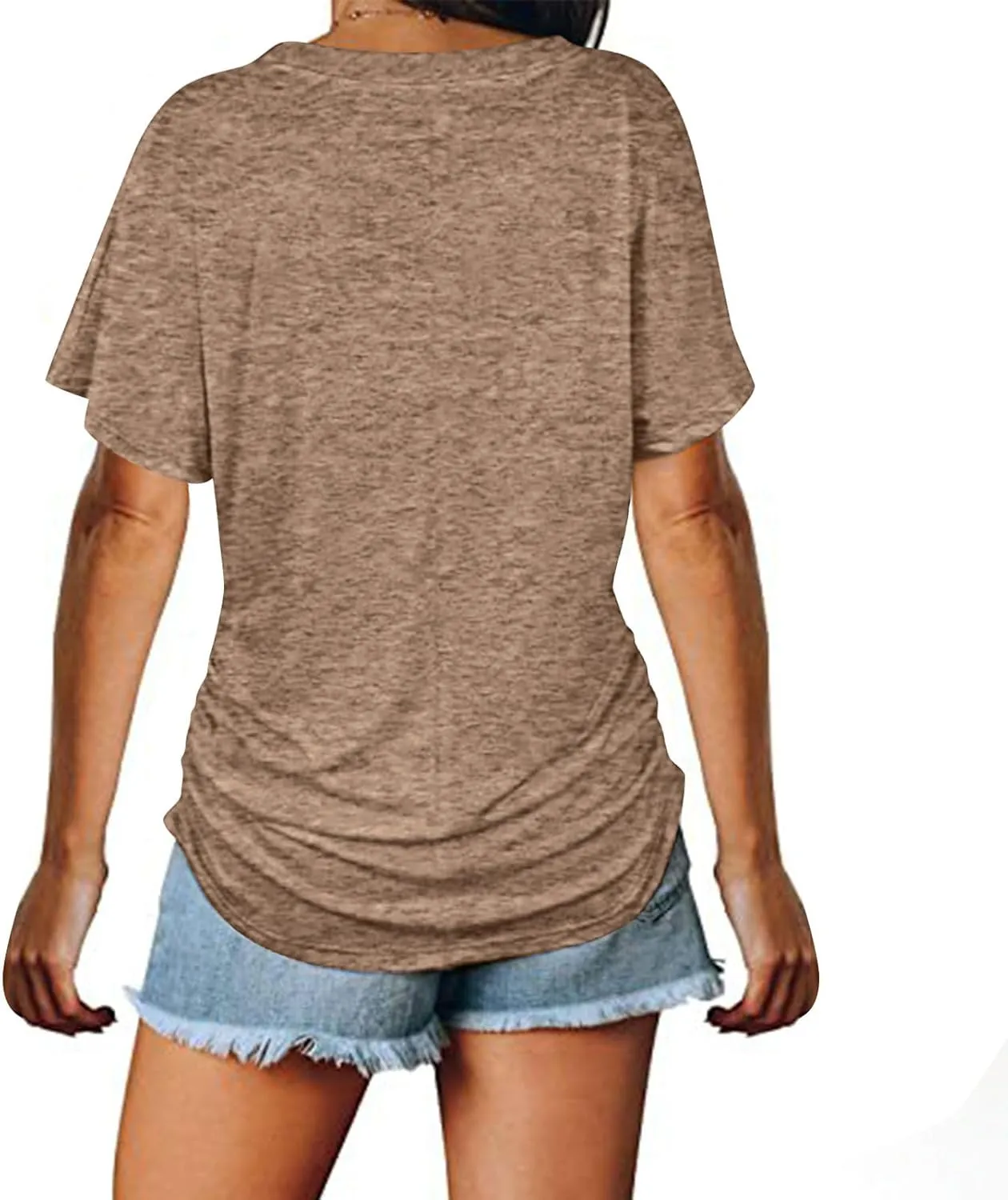 Womens Tops Basic V Neck T Shirts Short Sleeve Dressy Tunic Tops with Side Shirring Ruched Loose Fit Blouse Shirts