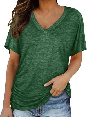 Womens Tops Basic V Neck T Shirts Short Sleeve Dressy Tunic Tops with Side Shirring Ruched Loose Fit Blouse Shirts