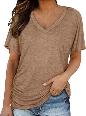 Womens Tops Basic V Neck T Shirts Short Sleeve Dressy Tunic Tops with Side Shirring Ruched Loose Fit Blouse Shirts