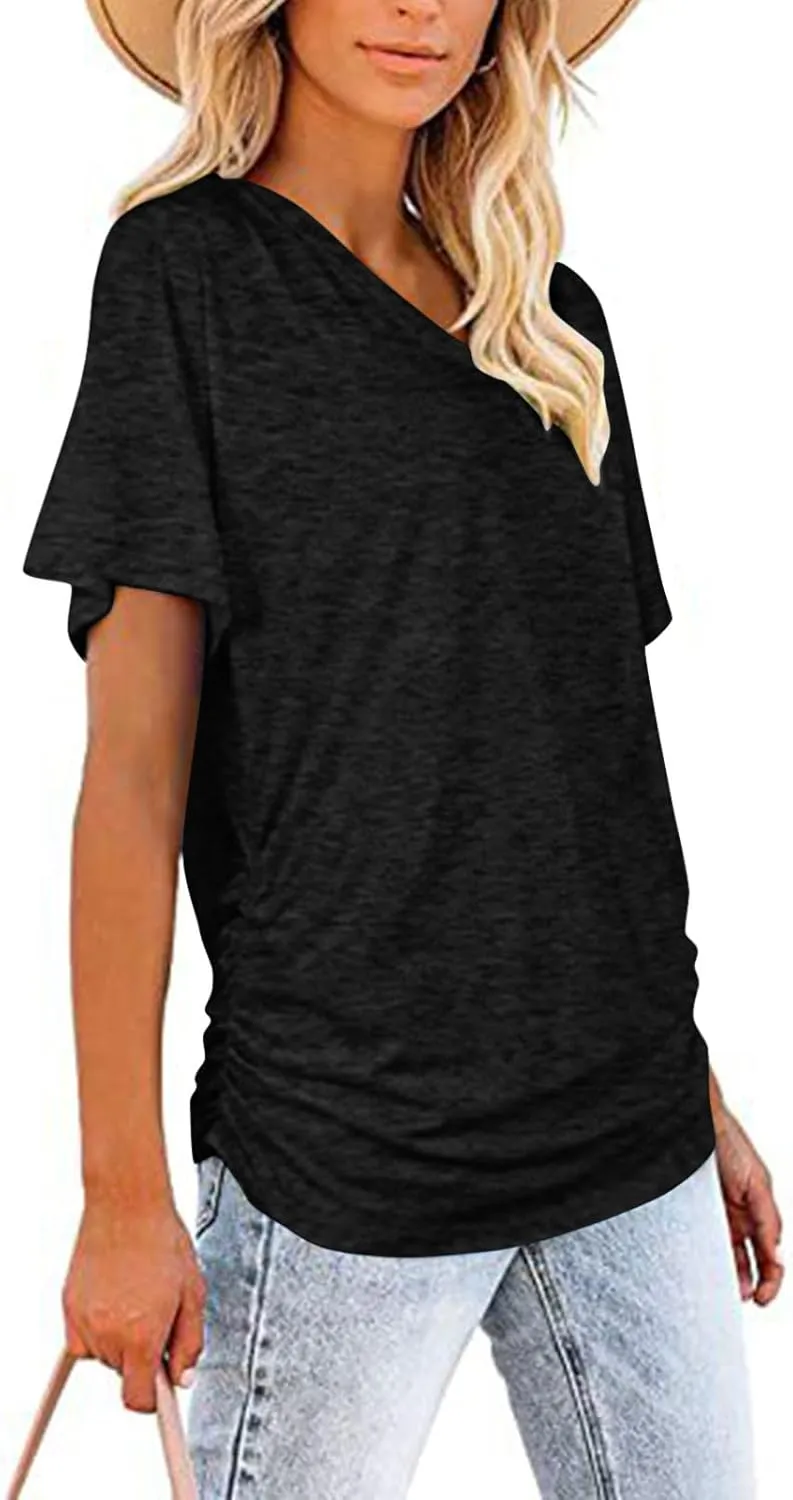 Womens Tops Basic V Neck T Shirts Short Sleeve Dressy Tunic Tops with Side Shirring Ruched Loose Fit Blouse Shirts
