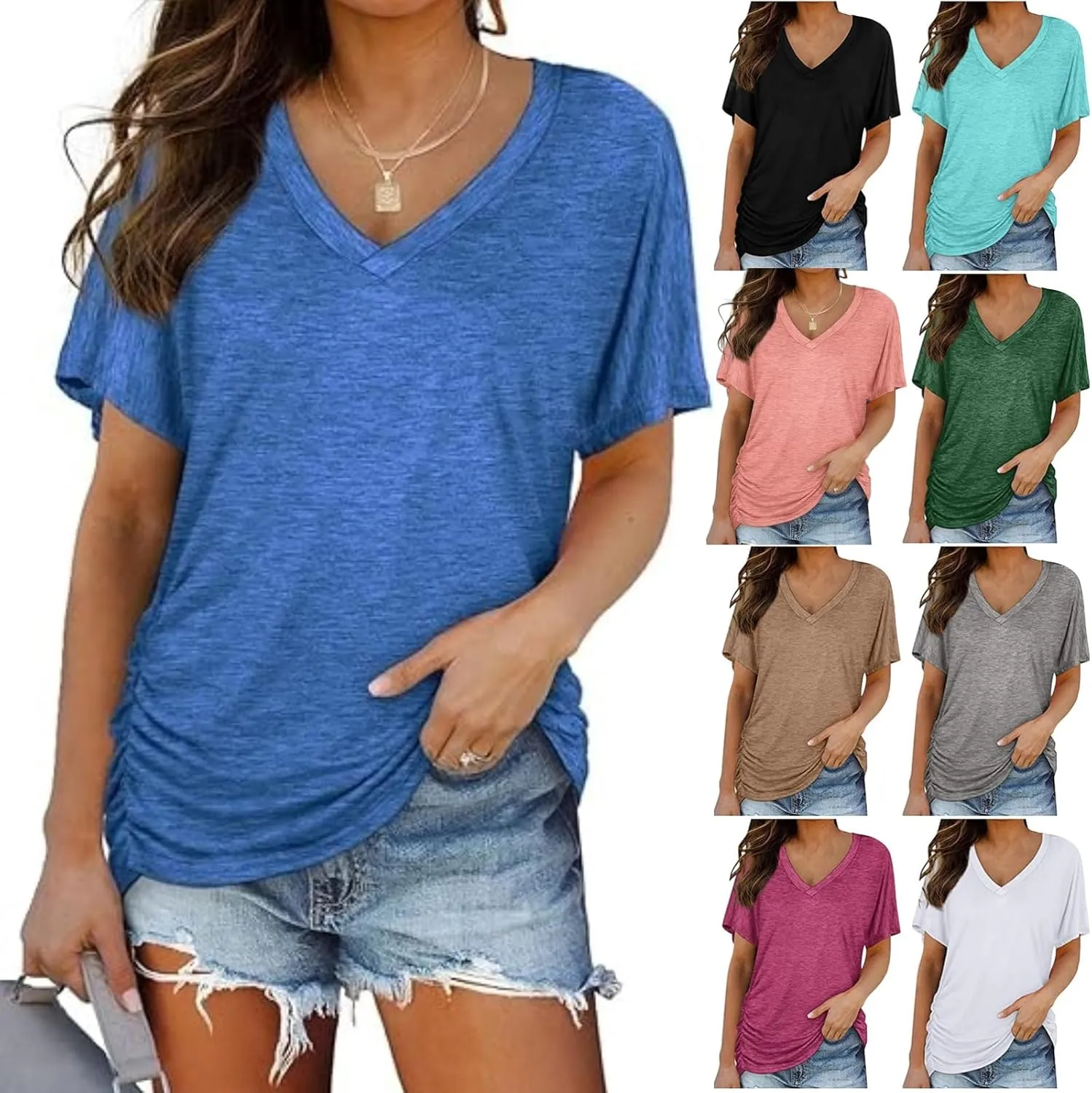 Womens Tops Basic V Neck T Shirts Short Sleeve Dressy Tunic Tops with Side Shirring Ruched Loose Fit Blouse Shirts