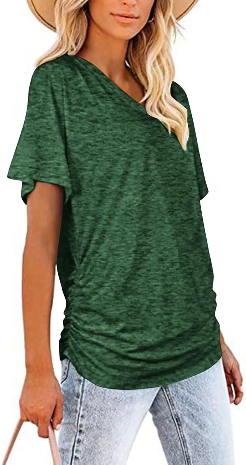 Womens Tops Basic V Neck T Shirts Short Sleeve Dressy Tunic Tops with Side Shirring Ruched Loose Fit Blouse Shirts