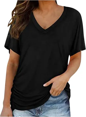 Womens Tops Basic V Neck T Shirts Short Sleeve Dressy Tunic Tops with Side Shirring Ruched Loose Fit Blouse Shirts
