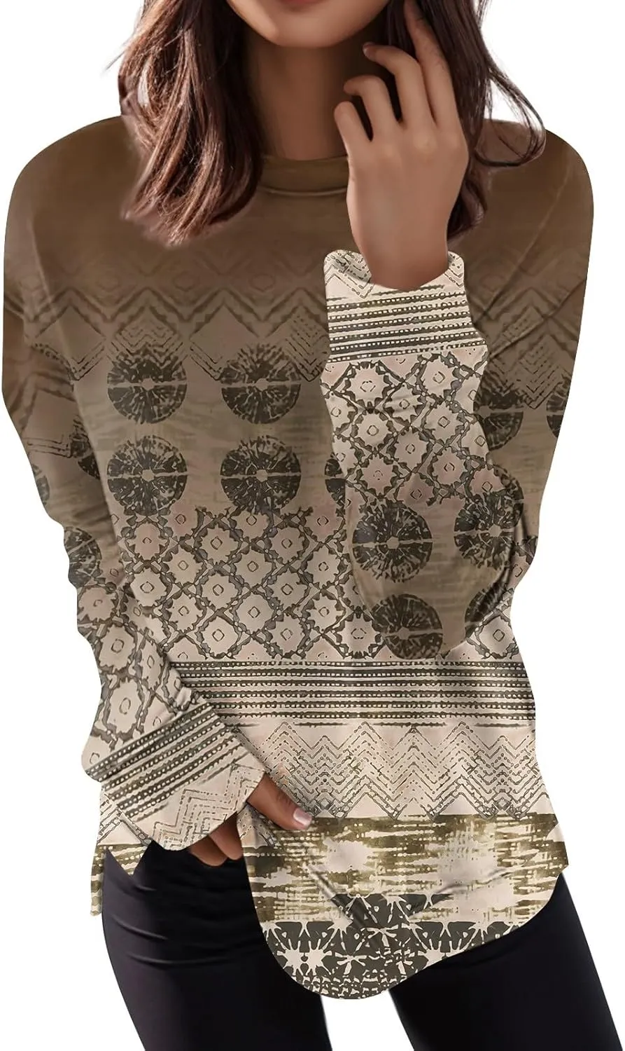 Womens Tops Casual Long Sleeve Sweatshirts Plus Size Crewneck Workout Tunic Top Fall Fashion Printed Outfits