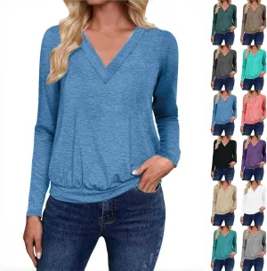 Womens Tops with Banded Bottom, Loose V Neck Long Sleeve 2024 Fall Tee Shirt Dressy Casual Solid Tunic Blouses
