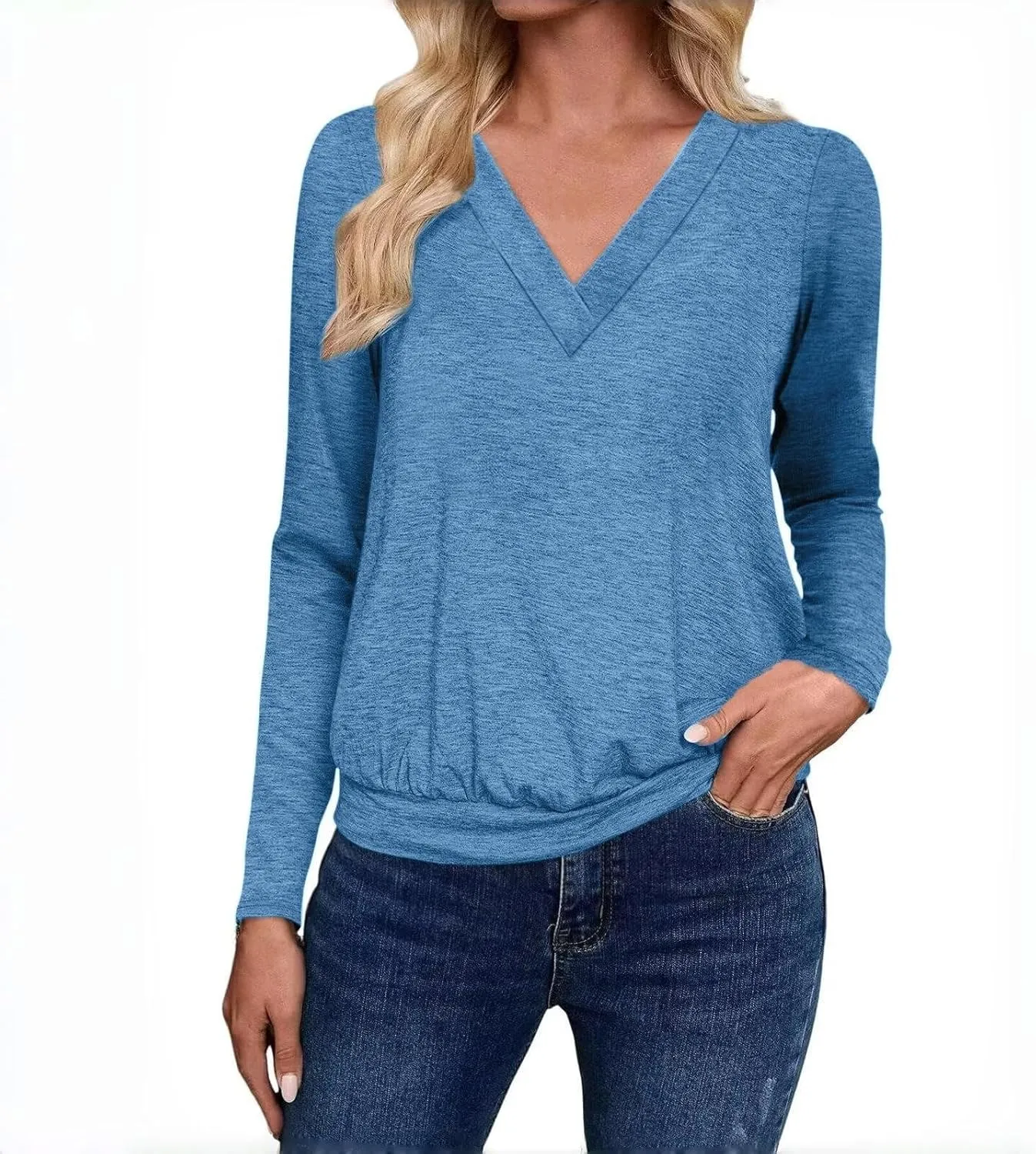 Womens Tops with Banded Bottom, Loose V Neck Long Sleeve 2024 Fall Tee Shirt Dressy Casual Solid Tunic Blouses