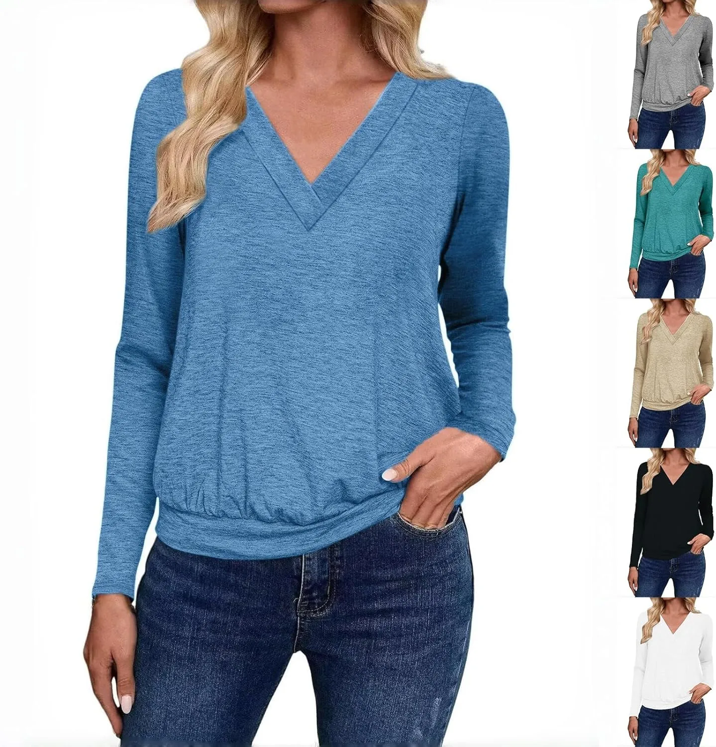Womens Tops with Banded Bottom, Loose V Neck Long Sleeve 2024 Fall Tee Shirt Dressy Casual Solid Tunic Blouses