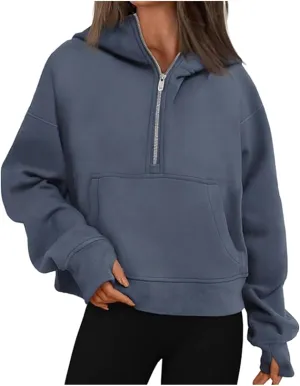 Womens Turtleneck Sweatshirts Solid Color Long Sleeve Pocket Casual Comfy Half Zip Cropped Pullover Fashion 2024