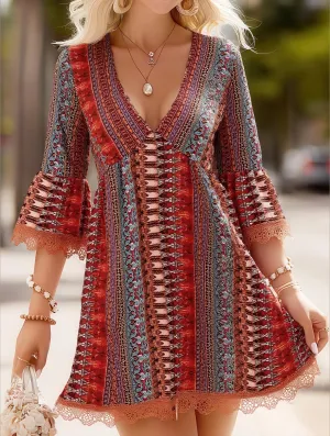 Women's V-Neck Ethnic Print Loose Short Dress ??Bohemian Summer Casual Dress Relax Tones Flattering Silhouette
