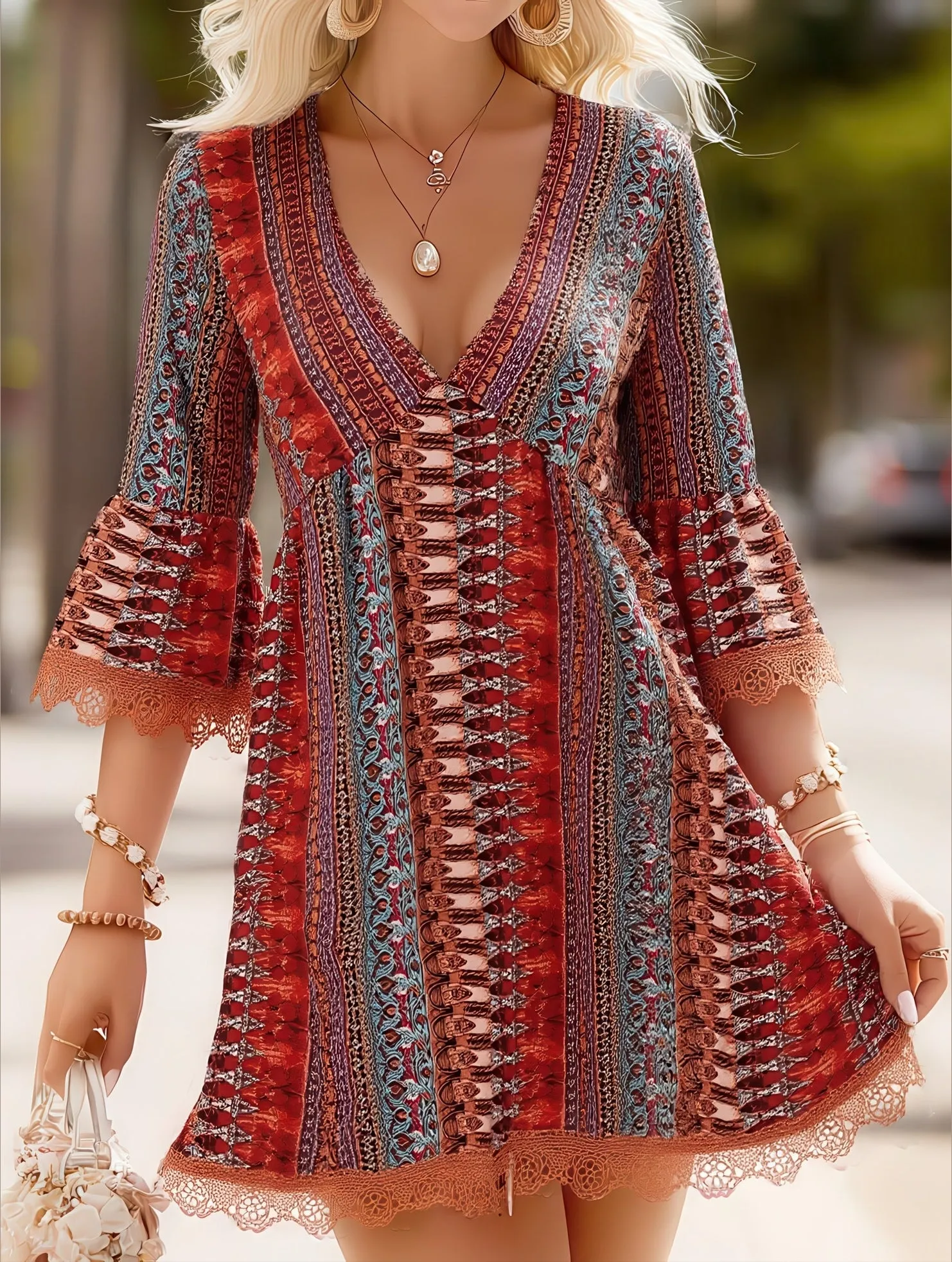 Layering Comfort Women's V-Neck Ethnic Print Loose Short Dress ??Bohemian Summer Casual Dress