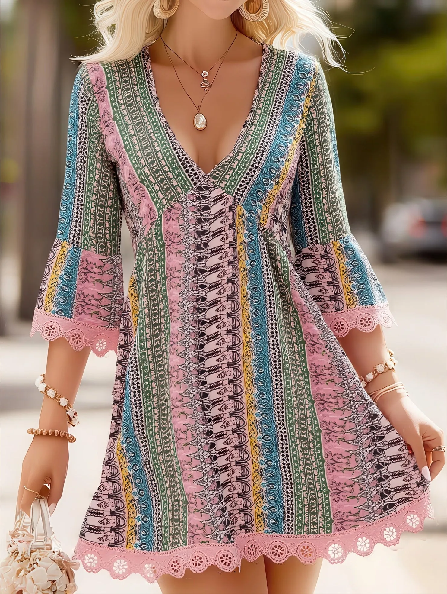 Women's V-Neck Ethnic Print Loose Short Dress ??Bohemian Summer Casual Dress Color Pop