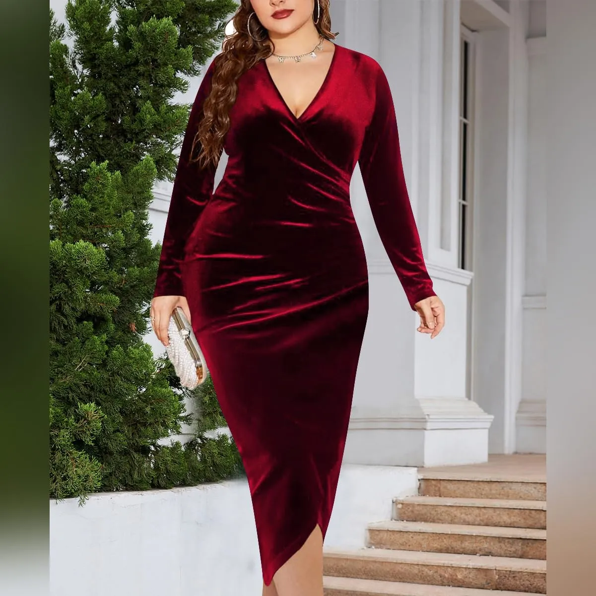 Women's V Neck Velvet Wrap Dress Long Sleeve Bodycon Cocktail Party Midi/Long Maxi Dress