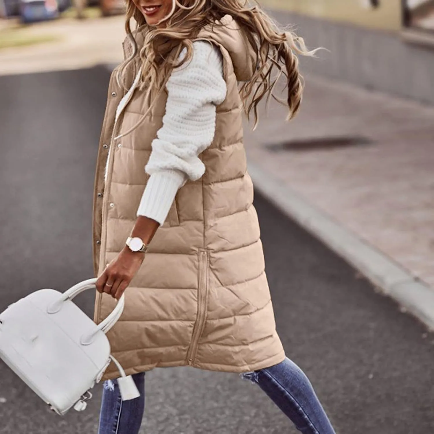 Womens Vests Outerwear Jacket Hooded Windproof Winter Coat with Recycled Insulation Down Jacket Coats with Pockets